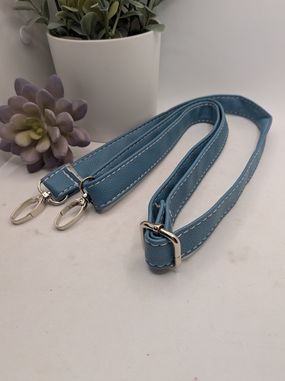 Adjustable Blue Leather Bag Strap with Silver Hardware